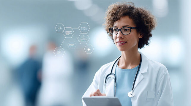 Confident female doctor in lab coat with digital interface. Represents modern medicine, technology, and healthcare solutions. Use for medical websites, ads, or brochures.