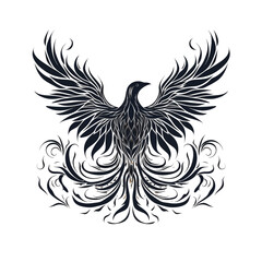 Black silhouette, tattoo of a eagle, phoenix on white isolated background. Vector.