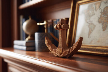 Nautical decor featuring a wooden anchor, evoking themes of stability, exploration, and heritage. Use for travel blogs, home design, or aspirational lifestyle imagery.