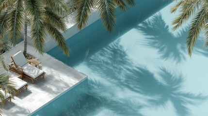 上から見下ろしたリゾートホテルのプールとリラックスチェア