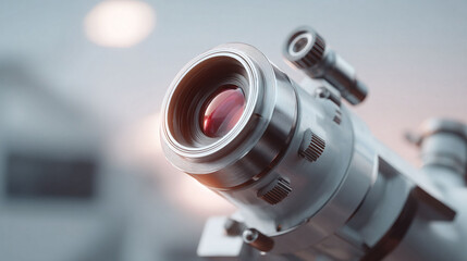 Fototapeta premium Closeup of a metallic telescope with a red lens, symbolizing exploration, science, discovery, and vision. Ideal for technology, research, or futurism concepts.