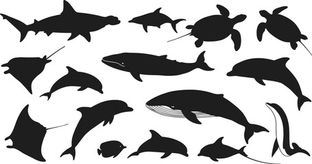 Marine animal silhouettes, shark, dolphin, whale, sea turtle, stingray, fish vector set for ocean designs