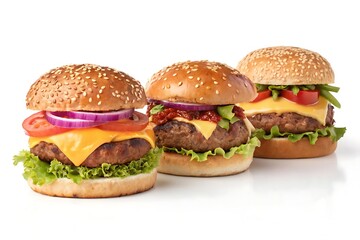 Three delicious gourmet hamburgers with cheese and toppings on a white background