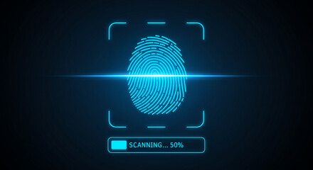 Futuristic fingerprint scanning interface with neon blue glow and progress bar on dark background