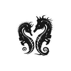 Black silhouette, tattoo of sea ​​horses on white isolated background. Vector.