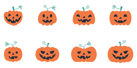 Halloween scary spooky carving pumpkins set. Perfect print for logo, card, poster, label, sale, stickers. Hand drawn vector illustration.