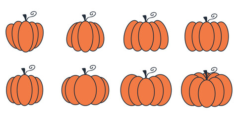 Hand drawn pumpkin vector set. Cute collection of pumpkins in simple doodle style. Autumn design for logo, card, poster, label, sale, stickers.
