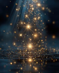 Naklejka premium Golden sparks cascade down a dark background, reflecting on a surface