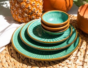 햇살 아래 에메랄드 도자기 식기 세트 Sunlit Turquoise Ceramic Dinnerware Set