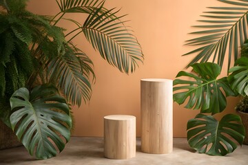 Two light wood pedestals surrounded by lush green tropical plants
