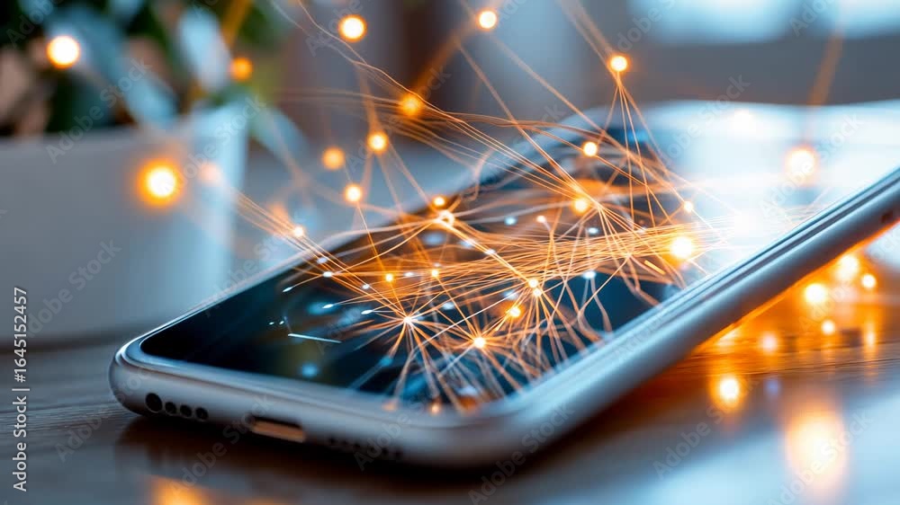 Poster futuristic smartphone with glowing connections and network visuals in modern setting