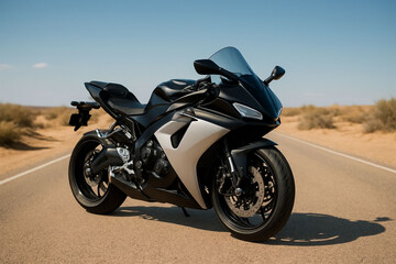 Naklejka premium Modern sport motorcycle parked on a desert road with blue sky