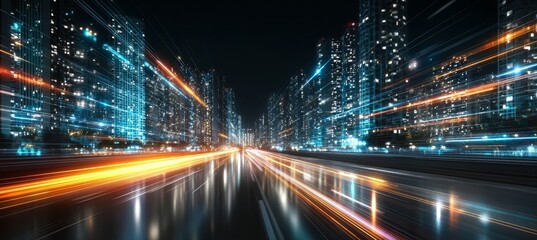 Fototapeta premium Futuristic Urban Street at Night with Blurred Motion and Digital Information Overlay in City Lights