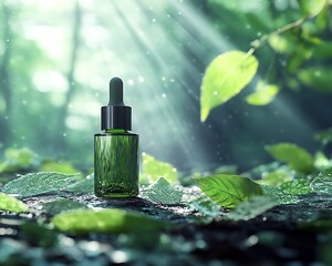 Nature-inspired serum mock displayed on leafy forest surface with soft rays