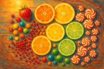 Colorful painting of citrus slices strawberry mints and candies on rustic wooden table