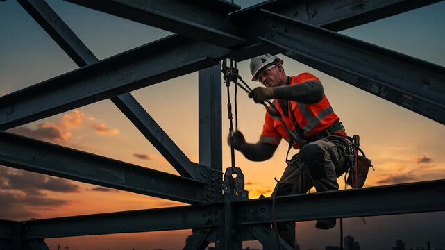 Ironworker at Sunset: A Construction worker secures a beam high above the city at sunset.