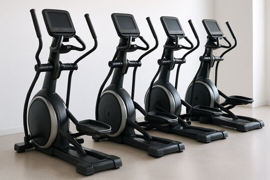Row of modern black elliptical cross trainers in a gym