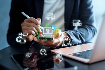 A man doing grocery shopping at the supermarket, she is leaning in the shopping cart and connecting with her phone, apps and retail ideas.