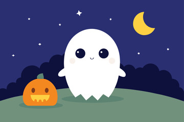 pumpkin patch at night  cute ghost with candy buck