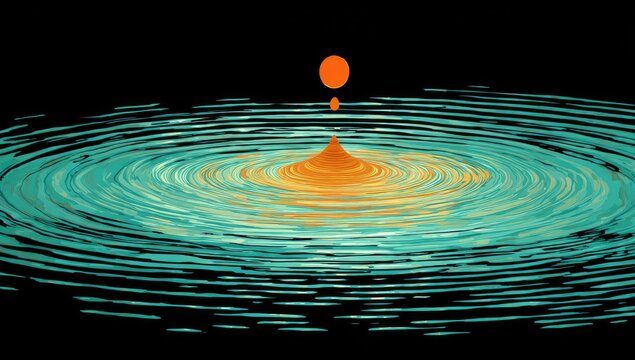 Orange drop impacting teal water, creating ripples