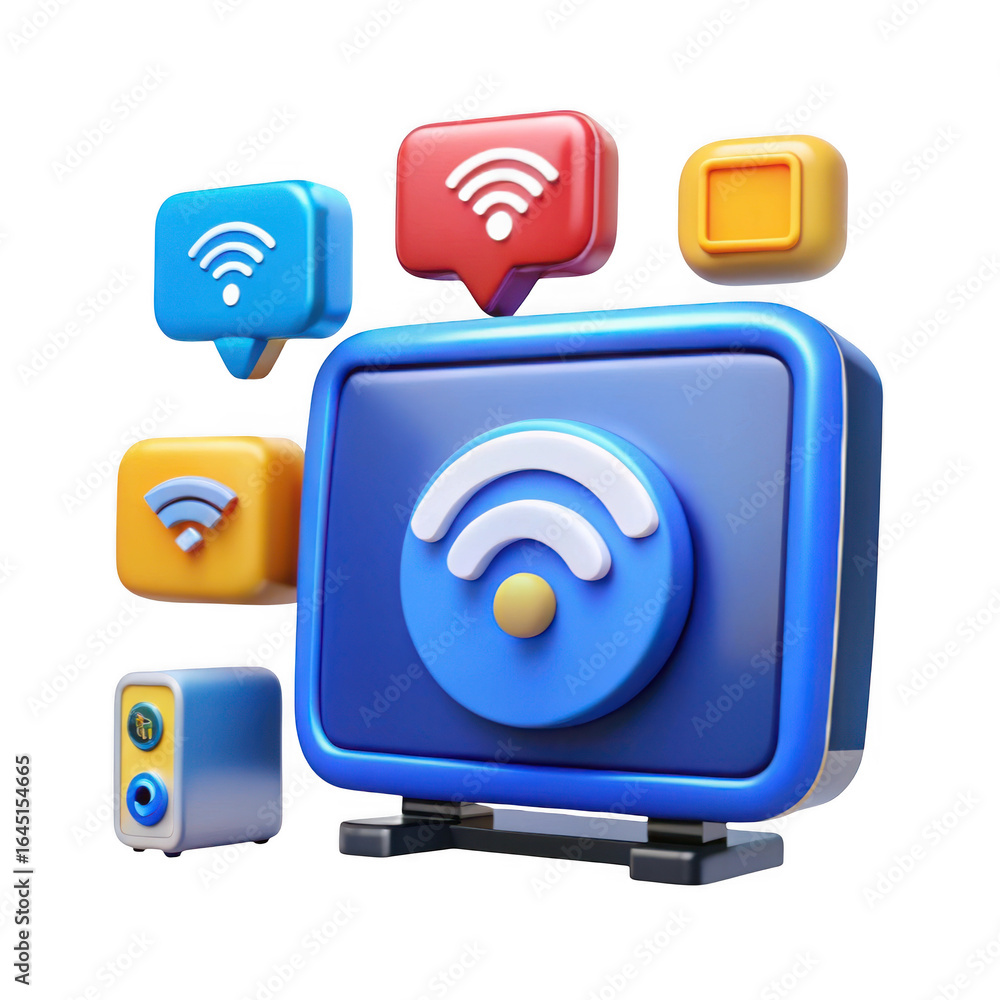 Poster 3d wi fi router and signal icons isolated on transparent background
