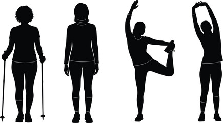 PrintSilhouette, fitness, exercise, yoga, stretching, walking with poles, active lifestyle, health, wellness, flexibility, balance, physical activity, outdoor workout, diverse poses, body movement.