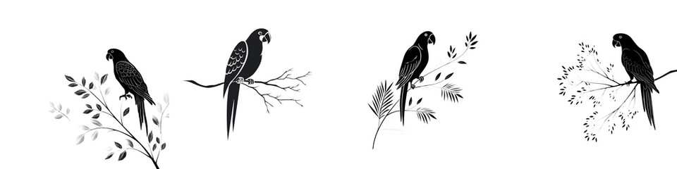 Elegant Parrot Silhouettes on Branches Set, Isolated on White Background.