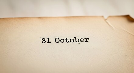 A close up of a piece of paper with the date thirty one october typed on it in a typewriter font