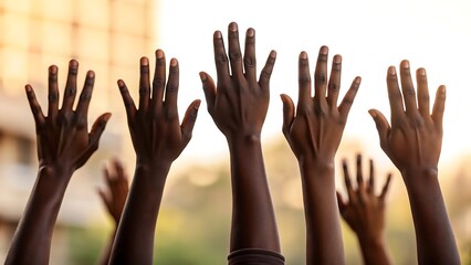 Several dark skinned arms and hands raised upward against a blurred background