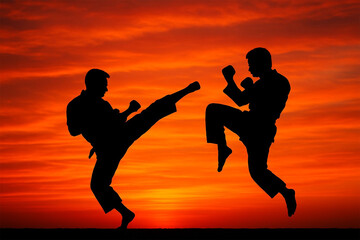Two silhouetted figures practicing martial arts with dynamic kicks against a fiery background