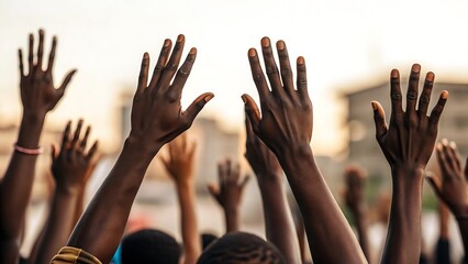 A crowd of people raising their hands in the air during an event outdoors
