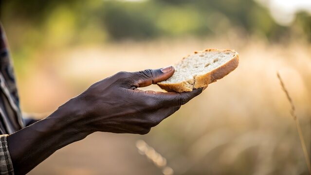 A dark skinned hand holding a slice of bread outdoors in a field setting