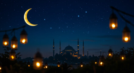 Night Sky Crescent Moon Mosque Ramadan Lantern Lights