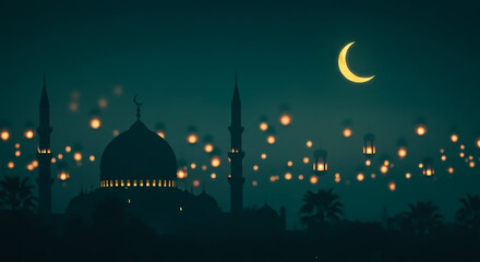 Night Scene: Mosque with Crescent Moon and Lanterns