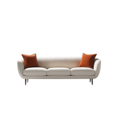 Fototapeta premium Elegant modern cream sofa with two warm orange accent cushions isolated on transparent background