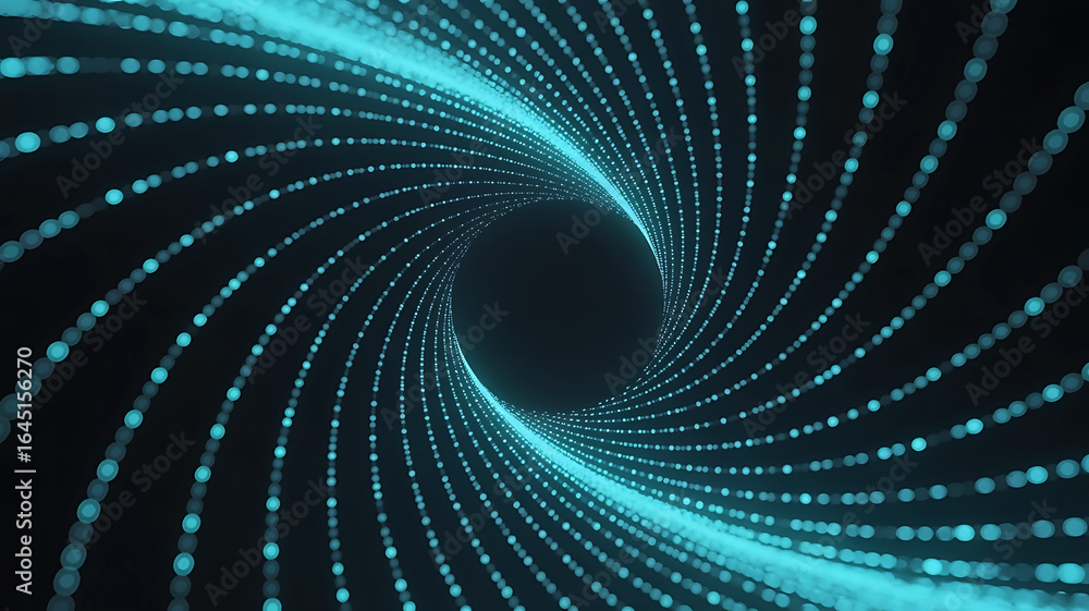 Poster abstract glowing blue digital particles swirling into a vortex tunnel on a dark background represent