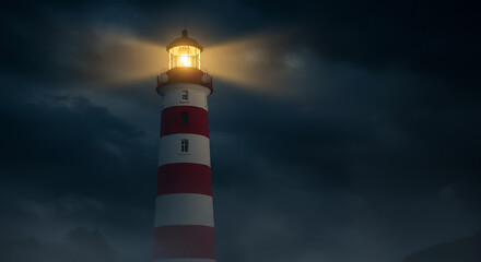 Lighthouse Beacon in Night Fog: Guiding Light and Hope