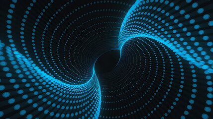 Abstract futuristic blue glowing digital tunnel with swirling particles creating a sense of movement and depth