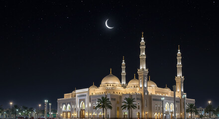 Night View of Illuminated Mosque Under Crescent Moon