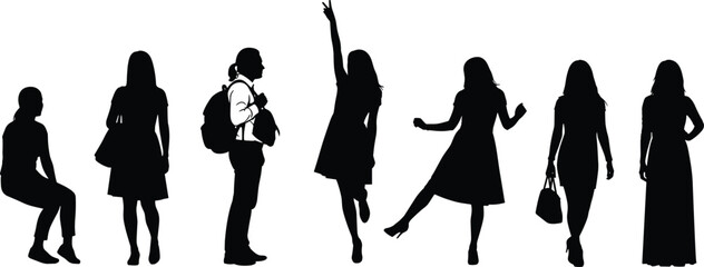 PrintHuman silhouettes, standing pose, sitting figure, fashion style, diverse people, black vector, creative design, movement illustration, interaction concept, visual storytelling, Adobe Stock