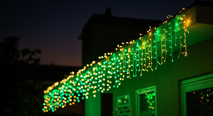 Green LED Lights on House Eaves at Night