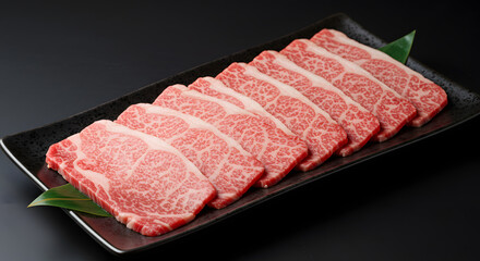 High Quality Marbled Beef Slices on Black Plate Fresh Premium Meat for Culinary Cooking