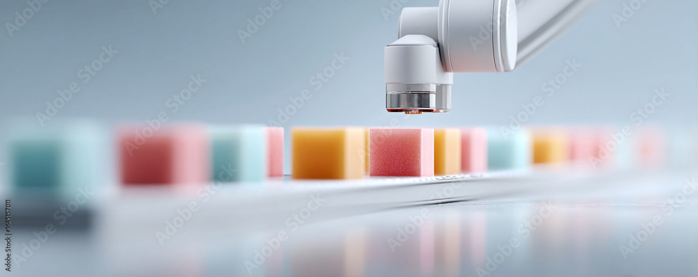 Poster automation in action. a robotic arm precisely works with colorful cubes on a conveyor. symbolizes pr