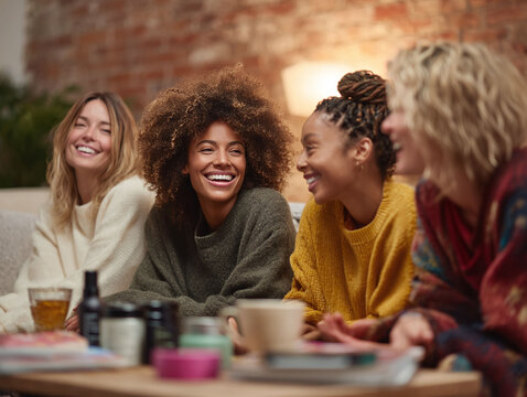 Four diverse women laughing and connecting at home. Authentic lifestyle shot, perfect for depicting friendship, wellness, or selfcare in an inviting setting.