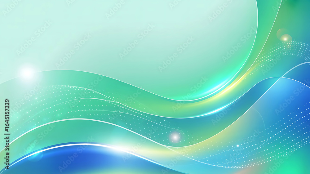 Poster abstract flowing waves of vibrant blue and green light with sparkling highlights creating a futurist
