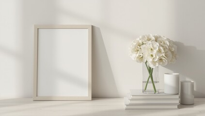 Minimalist interior scene with a blank vertical picture frame and a delicate bouquet of white flowers bathed in soft sunlight