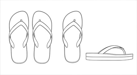 Vector illustration of casual summer flip-flops. Line art drawing of beach sandals from top and side view.