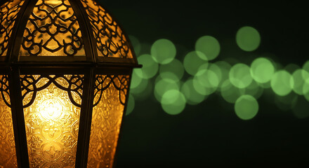 Ornate Lantern Glowing in the Dark with Green Bokeh
