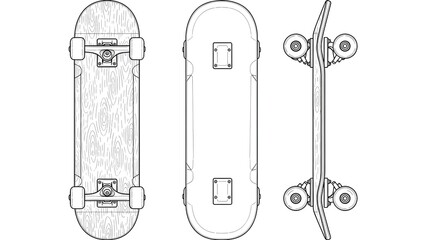 Skateboard designs and blueprints showing different views of the iconic skate deck with trucks and wheels