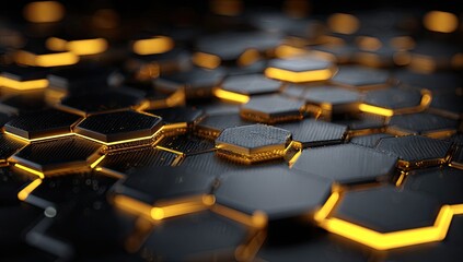 Obraz premium Abstract close-up of a dark, honeycomb-patterned surface with glowing yellow accents